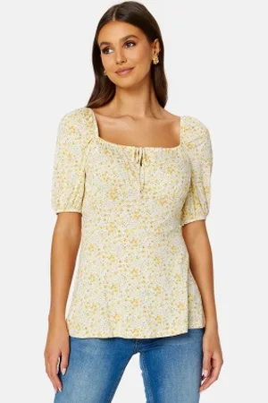 Happy Holly Ruched Short Sleeve Tie Top Yellow/Floral 32/34