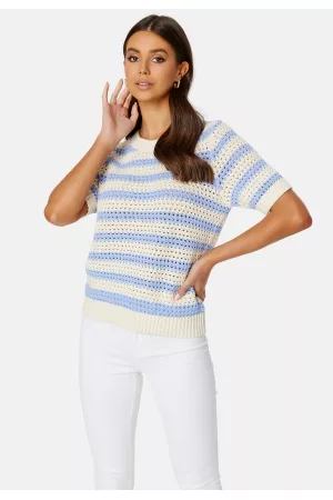 SELECTED Kvinna Stickade tröjor - Alby SS Knit O-Neck Birch Stripes:BLUE H M