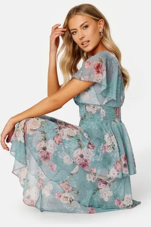 Goddiva Floral Flutter Tiered Midi Dress Air Force Blue XXS (UK6)