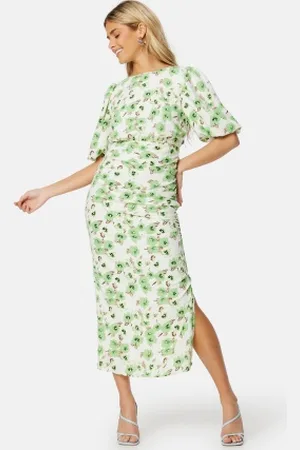 BUBBLEROOM Puff Sleeve Bow Midi Dress Green/Floral 46