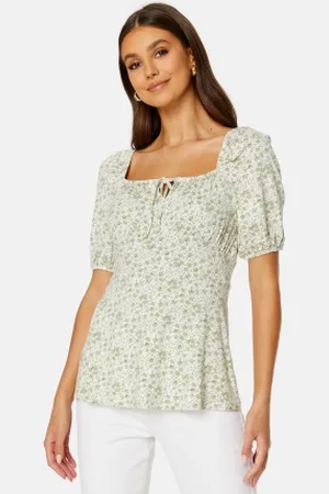 Happy Holly Ruched Short Sleeve Tie Top Green/Floral 52/54