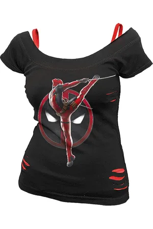 DEADPOOL Marvel T-shirt - - Pose - 2 in1 Red Ripped Top - S XXL - för Dam