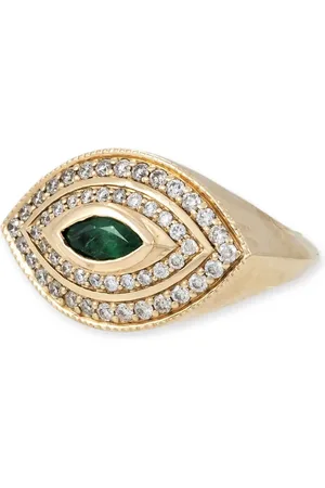 JACQUIE AICHE Halo Eye diamantring i 14K gult guld med smaragd