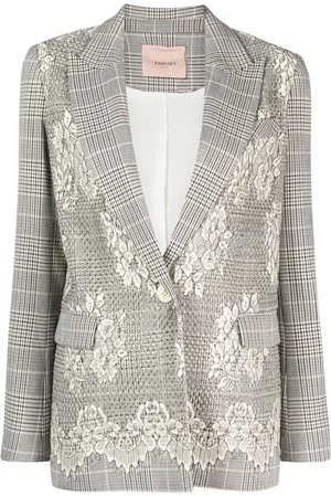 Twin-Set Glen skotskrutig blazer med spetsapplikation