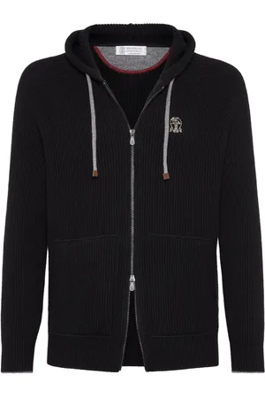 Brunello Cucinelli Ribbstickad hoodie i kashmir med dragkedja