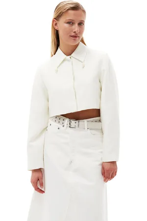 Ganni Långärmad Slub Linen croppad kavaj in White