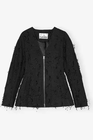 Ganni Fringed Tweed Blazer in