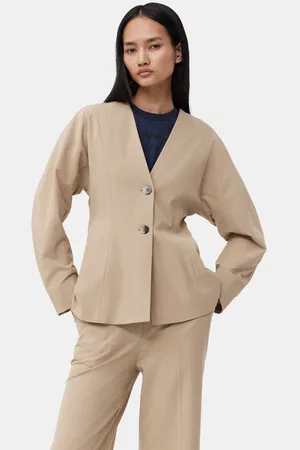 Ganni Beige Fitted Drapey Melange blazer in