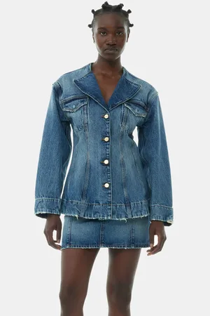 Ganni Sparkle Logo Denim Fitted blazer in