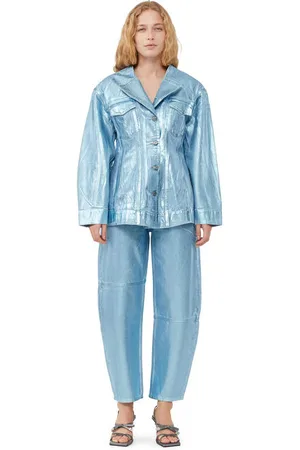 Ganni Långärmad Åtsittande blazer i denim med blå folie in Blue
