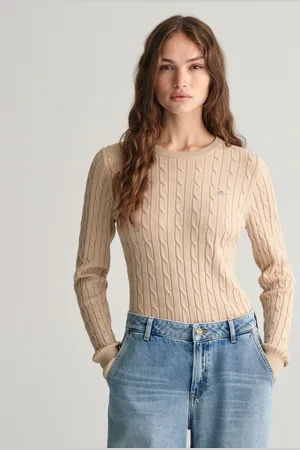 GANT Dam Kabelstickad tröja i bomullsstretch med rund hals (XS)
