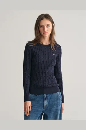GANT Dam Kabelstickad tröja i bomullsstretch med rund hals (XS)
