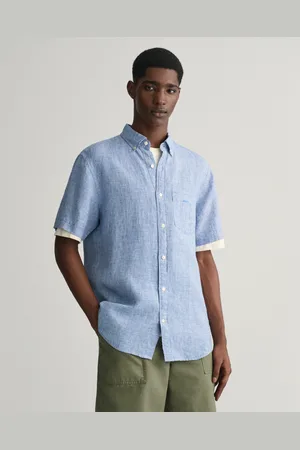 GANT Herr Regular fit kortärmad hundtandsmönstrad linneskjorta (S)