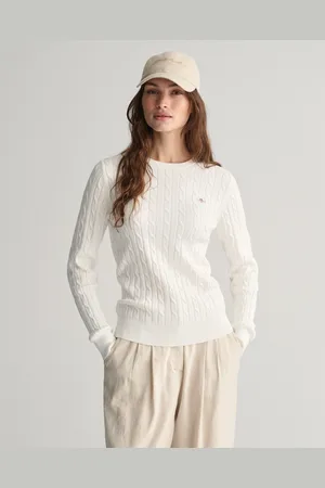GANT Dam Kabelstickad tröja i bomullsstretch med rund hals (XS)