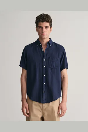 GANT Herr Regular fit kortärmad skjorta i bomull och linne med struktur (S)
