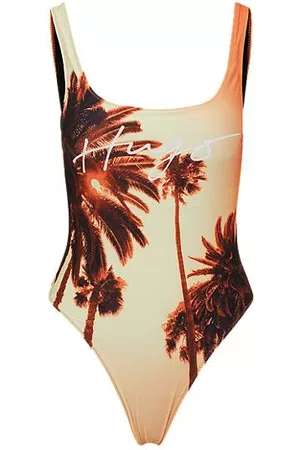 HUGO BOSS High-leg swimsuit with palm print and handwritten logo