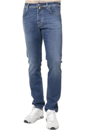 Jacob Cohen Jeans, Herr, W35, Bomull, Slim Fit Tvättade Blå Jeans med Gula Sömmar