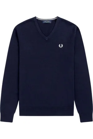 Fred Perry Stickade tröjor & koftor, Herr, L, Klassisk blå V-ringad stickad tröja