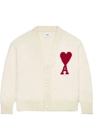 Ami Stickade tröjor & koftor, Dam, M, Krämvit ullcardigan med logotryck