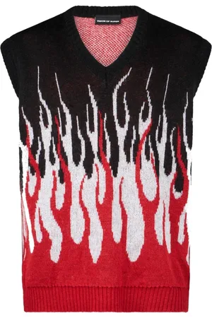 Vision Of Super Stickade tröjor & koftor, Herr, L, Jacquard Flames Gilet - Svart/Vit/Röd