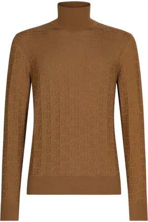 Dolce & Gabbana Stickade tröjor & koftor, Herr, S, Logo-Broderad Stickad Topp i Kamelbrunt