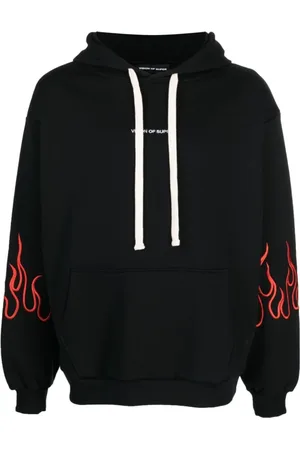 Vision Of Super Sweatshirts & Hoodies, Herr, L, Svart/Röd Huvtröja med Broderade Flammor