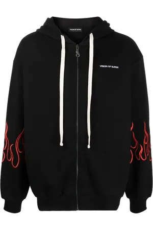 Vision Of Super Sweatshirts & Hoodies, Herr, M, Bomull, Svart zip-hoodie med röda broderade lågor