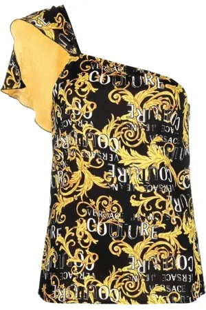 VERSACE Topp, Dam, M, Polyester, Nero Ärmlös Top med Guld Logo Print och Ruffle Detalj