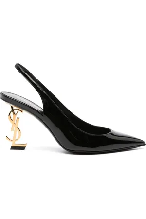 Saint Laurent Skor, Dam, 40 EU, Läder, Svarta Patent Slingback Pumps med Guld Logo