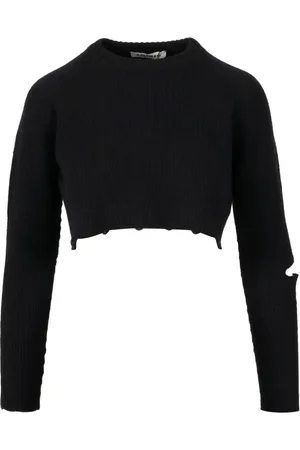 A PAPER KID Stickade tröjor & koftor, Dam, L, Bomull, Svart Crop Sweatshirt med Slits och Logo Tag