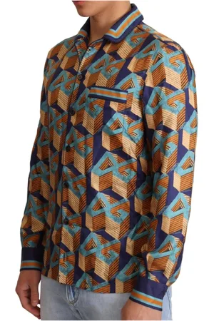 Dolce & Gabbana Skjorta, Herr, S, Stunning Blå Siden Skjorta med Guld Logo