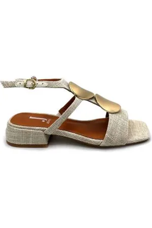 Jeannot Skor, Dam, 39 EU, Läder, Canvas Sandal med Satin Guldapplikationer
