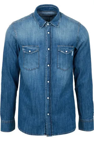 Mauro Grifoni Skjorta, Herr, L, Denim, Denim Krage Skjorta Långa ärmar Fickor