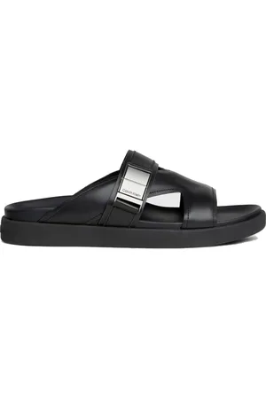 Calvin Klein Skor, Herr, 42 EU, Läder, Ikoniska svarta plaque-tofflor