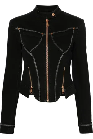 VERSACE Jacka, Dam, S, Denim, Svart Denimjacka med Dragkedja Detalj
