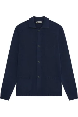 FERRANTE Stickade tröjor & koftor, Herr, L, Bomull, Navy Cardigan med Fickor och Krage