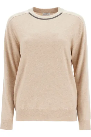 Brunello Cucinelli Stickade tröjor & koftor, Dam, XL, Cashmere Crewneck Pullover med Monile-broderi