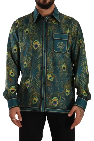 Dolce & Gabbana Skjorta, Herr, L, Grön påfågelfjädertryck silkeskjorta