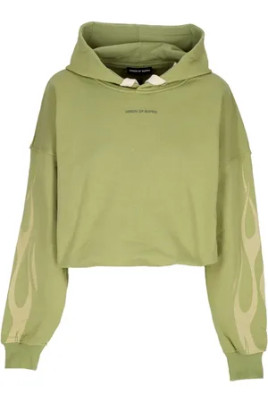 Vision Of Super Sweatshirts & Hoodies, Herr, M, Bomull, Flames Crop Hoodie Grön/Off White