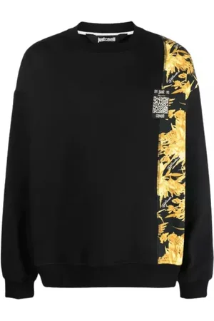 Roberto Cavalli Sweatshirts & Hoodies, Herr, L, Bomull, Svart blommig bomullssweatshirt med logotyp