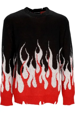 Vision Of Super Stickade tröjor & koftor, Herr, M, Jacquard Flames Jumper Sweater Svart/Röd/Vit