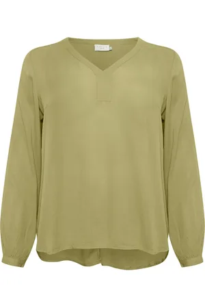 Kaffe Blusar & Skjortor , Dam, 2Xl, V-ringad Långärmad Blus i Mosstone