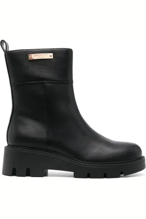 Twin-Set Skor, Dam, 40 EU, Svarta Ankelboots med Logoplatta och Sidoficka