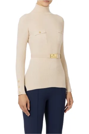 Elisabetta Franchi Stickade tröjor & koftor, Dam, M, Räfflad tröja med logobroderi