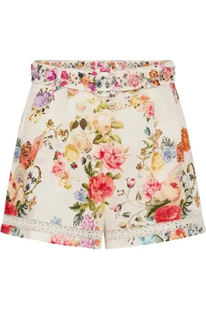 Camilla Shorts, Dam, M, Linne, Blommig högmidjade shorts med spetsdetaljer