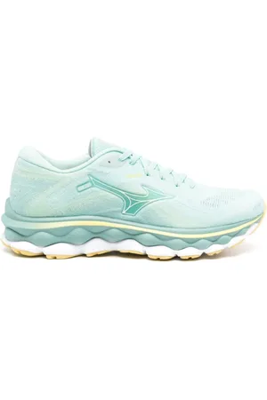 Mizuno Skor, Dam, 36 1/2 EU, Blå stickade sneakers med perforerade detaljer