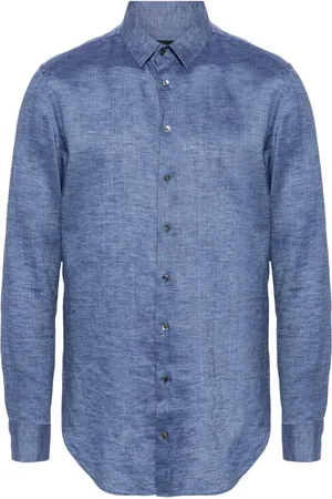Giorgio Armani Skjorta, Herr, L, Linne, Elegant Blå Långärmad Flax Skjorta