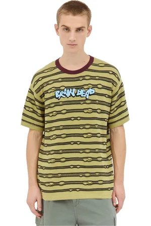 Brain Dead Topp, Herr, L, Bomull, Randig Broderad T-shirt i Bomullstickning