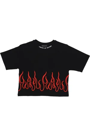 Vision Of Super Topp, Dam, L, Bomull, Broderade Flammor Crop Tee Svart/Röd