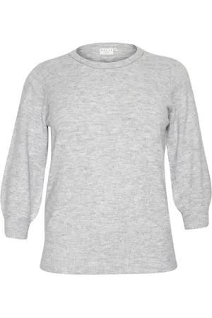 Kaffe Stickade tröjor & koftor, Dam, L, Polyester, Grå Melange Stickad Pullover Tröja